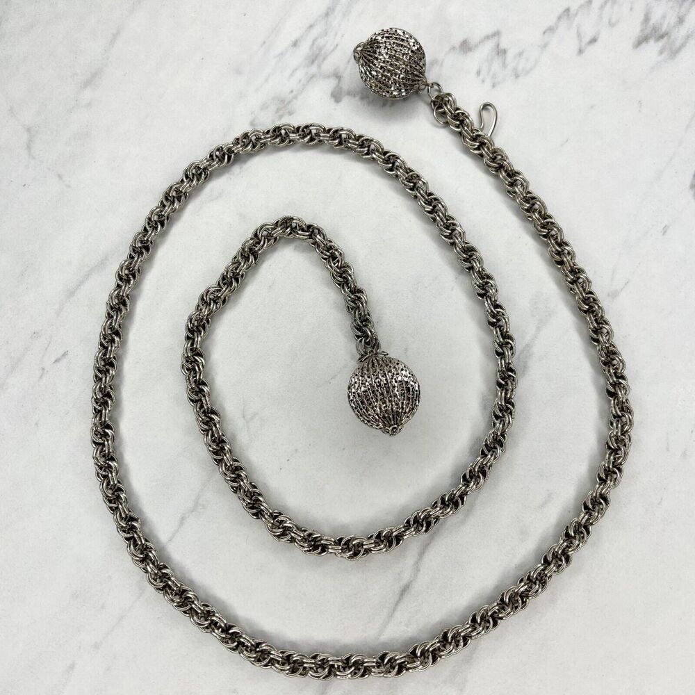 Silver Tone Double Ball Charm Metal Chain Link Belt Y2K One Size (OS) ✨